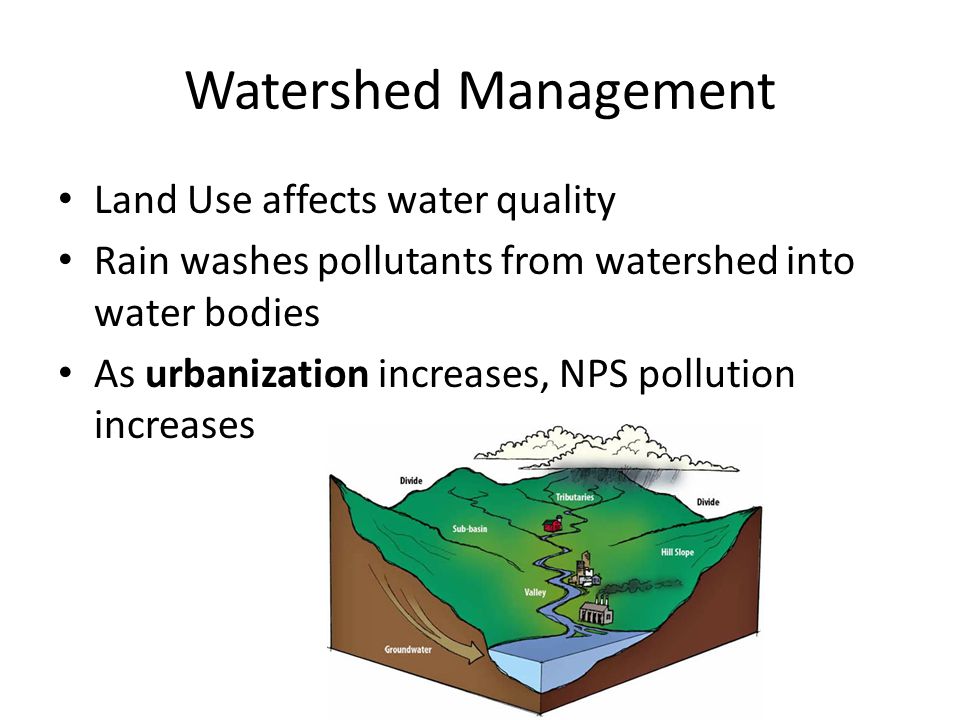 Watershed Management Land Use affects water quality Rain washes pollutants from watershed into water bodies As urbanization increases, NPS pollution increases