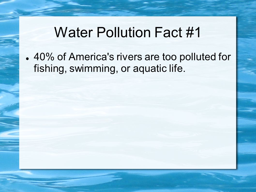 Water Pollution Fact #1 40% of America s rivers are too polluted for fishing, swimming, or aquatic life.