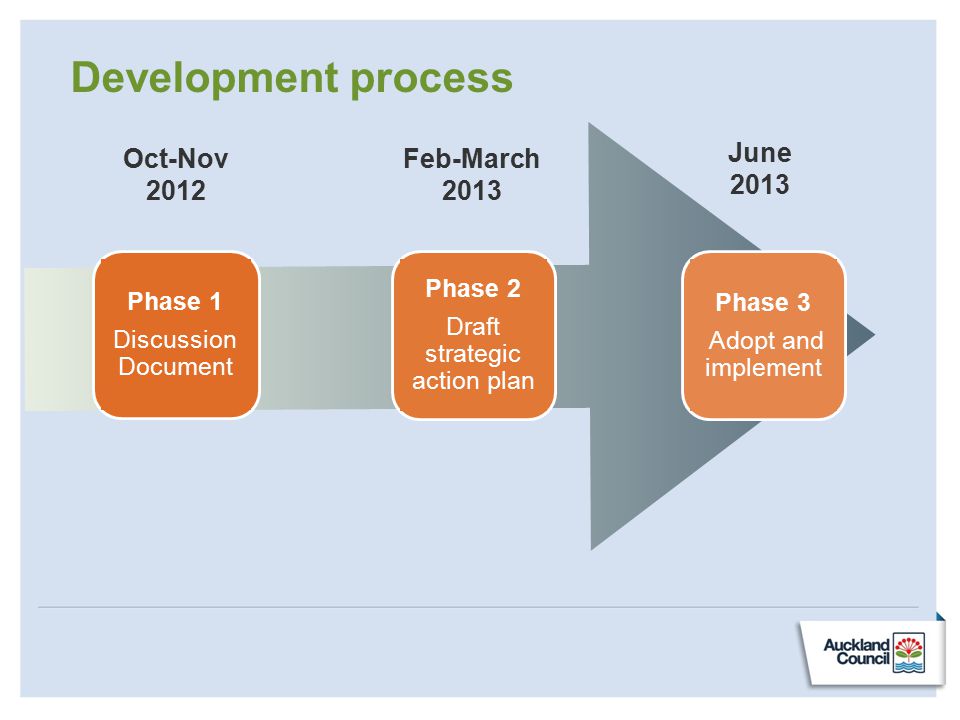 Development process Oct-Nov 2012 Feb-March 2013 June 2013 Phase 1 Discussion Document Phase 2 Draft strategic action plan Phase 3 Adopt and implement