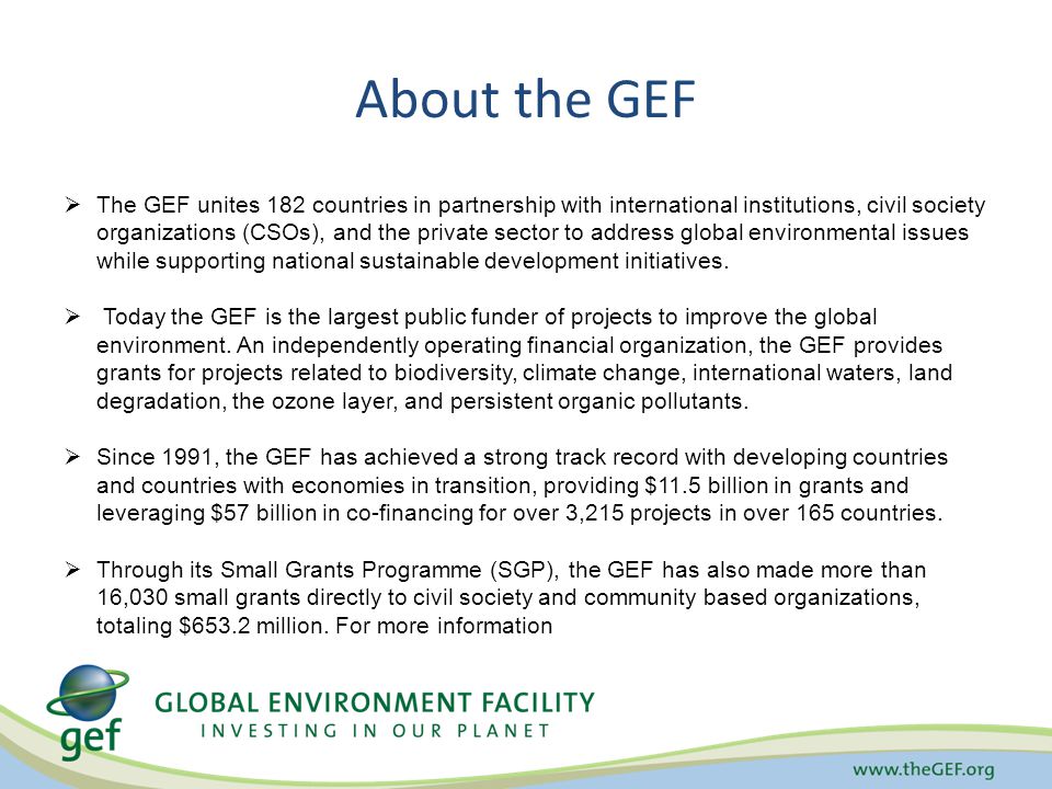 About the GEF  The GEF unites 182 countries in partnership with international institutions, civil society organizations (CSOs), and the private sector to address global environmental issues while supporting national sustainable development initiatives.
