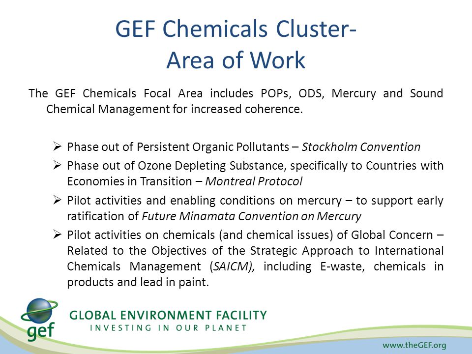 GEF Chemicals Cluster- Area of Work The GEF Chemicals Focal Area includes POPs, ODS, Mercury and Sound Chemical Management for increased coherence.