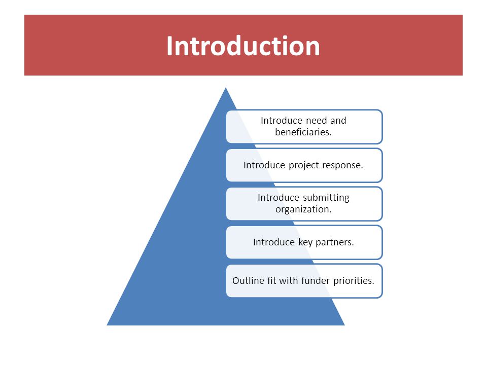 Introduction Introduce need and beneficiaries. Introduce project response.
