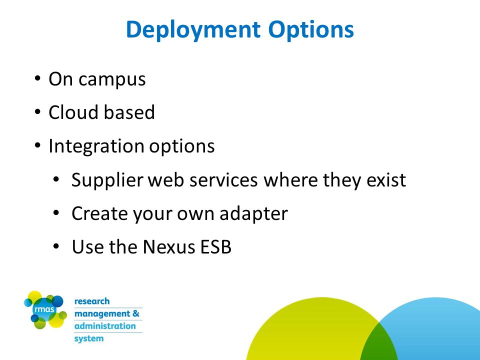 On campus Cloud based Integration options Supplier web services where they exist Create your own adapter Use the Nexus ESB Deployment Options