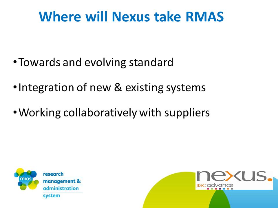 Towards and evolving standard Integration of new & existing systems Working collaboratively with suppliers Where will Nexus take RMAS