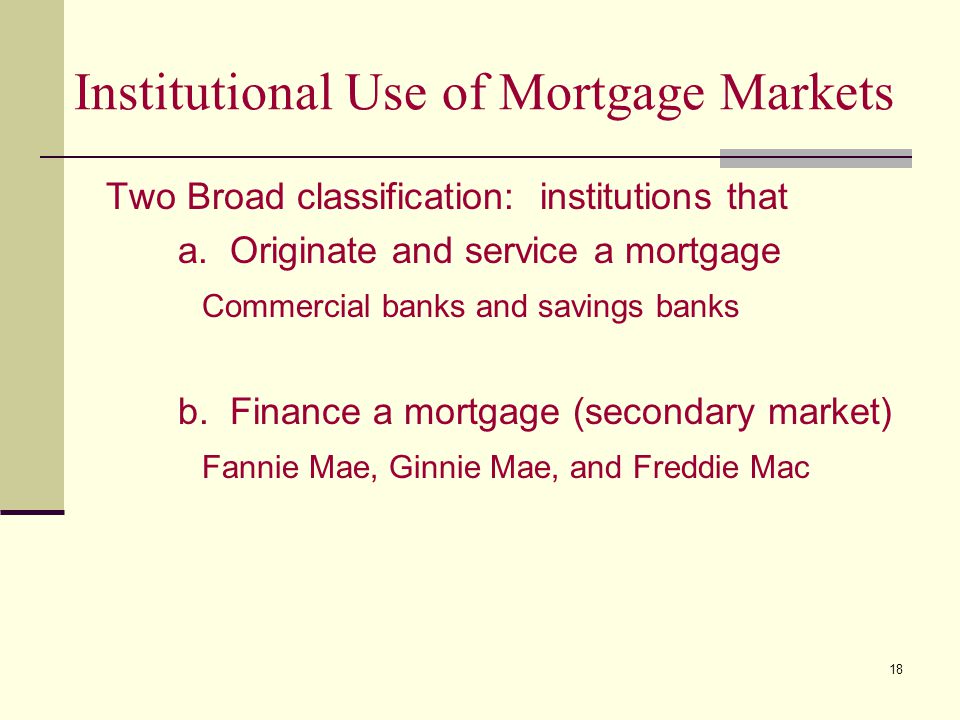 18 Institutional Use of Mortgage Markets Two Broad classification: institutions that a.