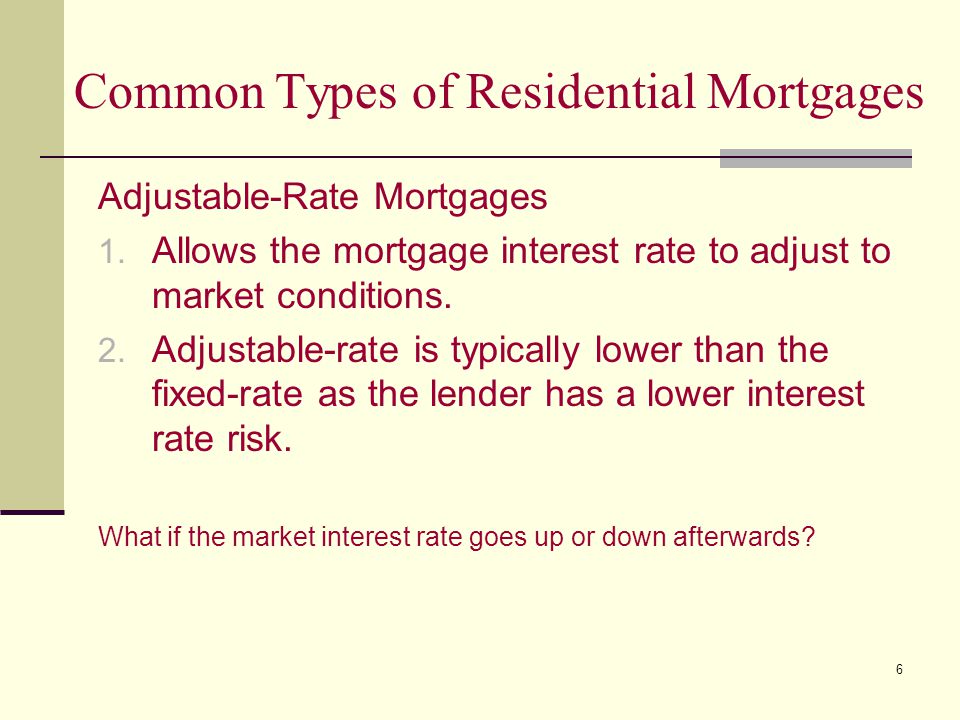 6 Common Types of Residential Mortgages Adjustable-Rate Mortgages 1.