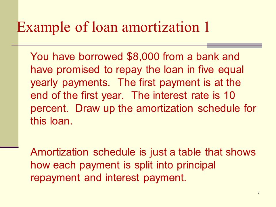 8 Example of loan amortization 1 You have borrowed $8,000 from a bank and have promised to repay the loan in five equal yearly payments.