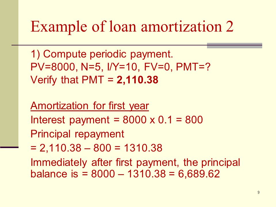 9 Example of loan amortization 2 1) Compute periodic payment.