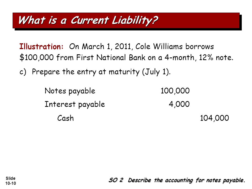 Slide Illustration: On March 1, 2011, Cole Williams borrows $100,000 from First National Bank on a 4-month, 12% note.
