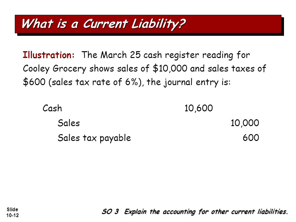 Slide Illustration: The March 25 cash register reading for Cooley Grocery shows sales of $10,000 and sales taxes of $600 (sales tax rate of 6%), the journal entry is: Sales10,000 Cash10,600 Sales tax payable600 SO 3 Explain the accounting for other current liabilities.