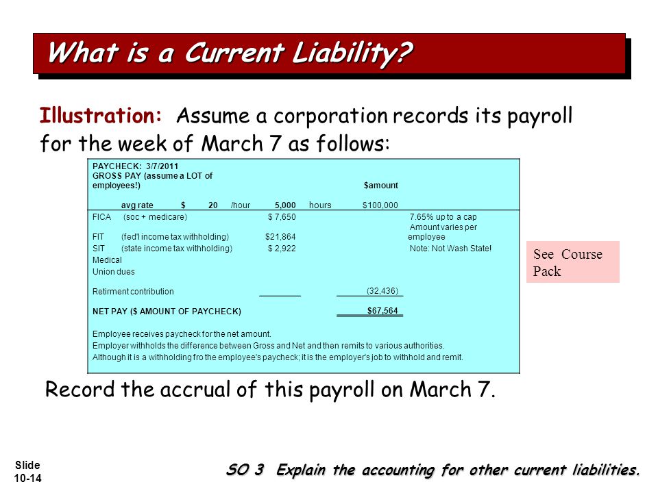 Slide Illustration: Assume a corporation records its payroll for the week of March 7 as follows: SO 3 Explain the accounting for other current liabilities.
