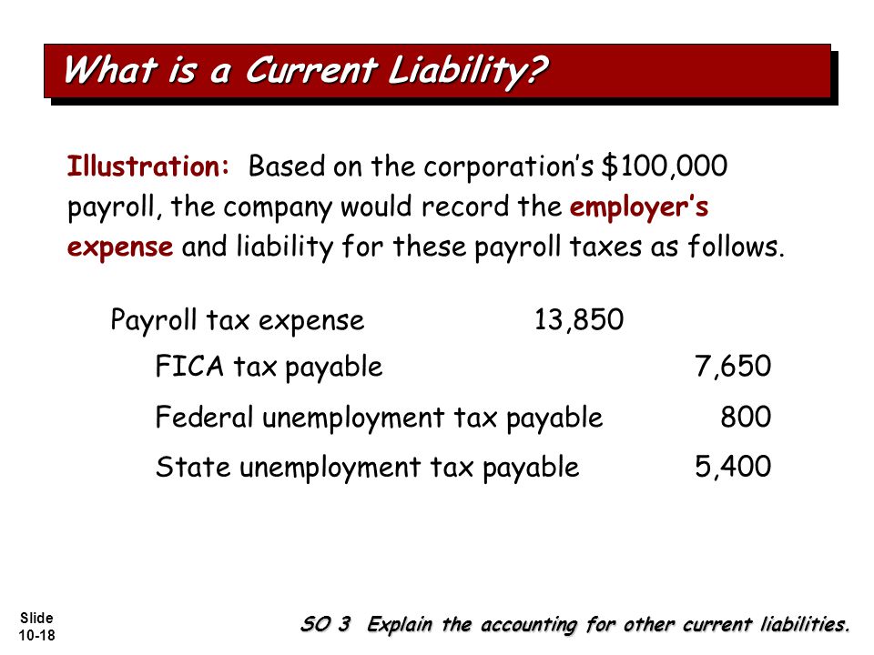 Slide Illustration: Based on the corporation’s $100,000 payroll, the company would record the employer’s expense and liability for these payroll taxes as follows.