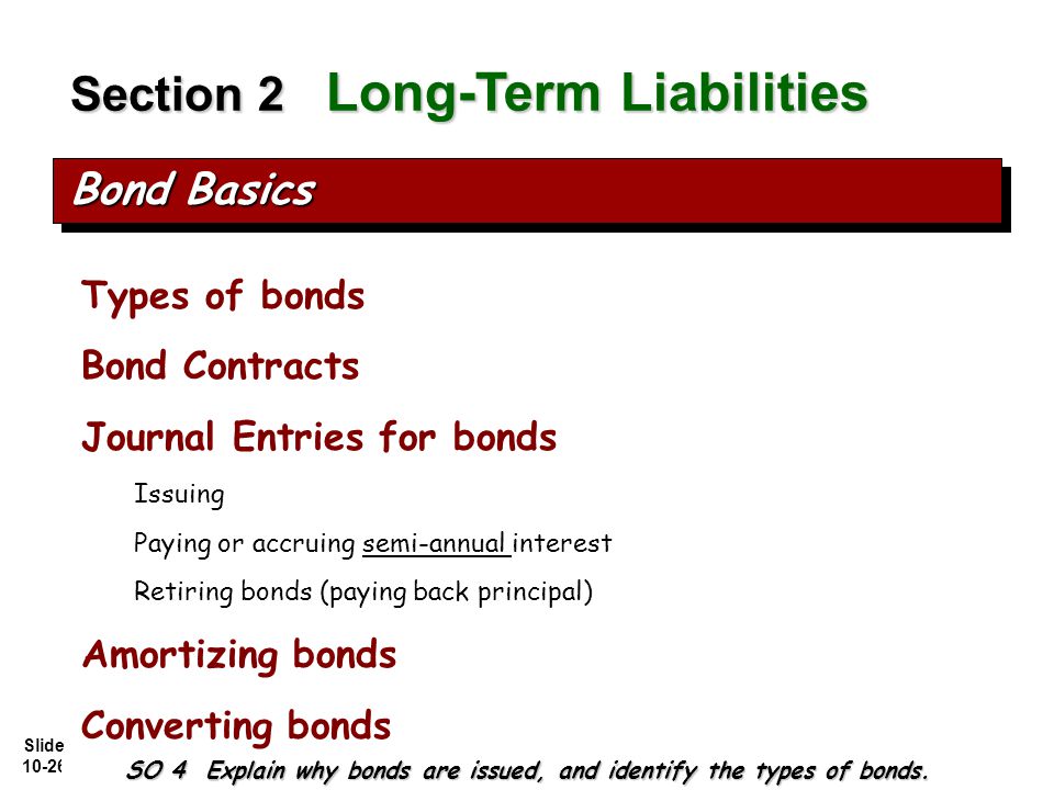 Slide Types of bonds Bond Contracts Journal Entries for bonds Issuing Paying or accruing semi-annual interest Retiring bonds (paying back principal) Amortizing bonds Converting bonds SO 4 Explain why bonds are issued, and identify the types of bonds.