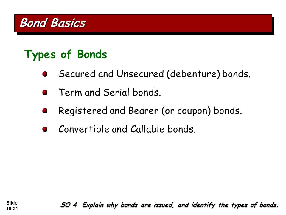 Slide Types of Bonds Secured and Unsecured (debenture) bonds.