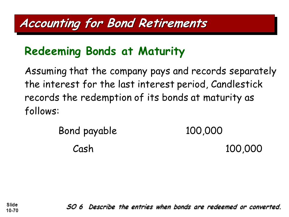 Slide Redeeming Bonds at Maturity SO 6 Describe the entries when bonds are redeemed or converted.