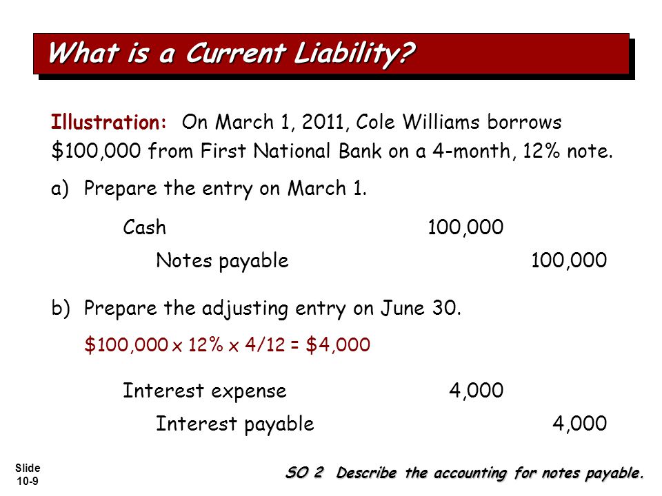 Slide 10-9 Illustration: On March 1, 2011, Cole Williams borrows $100,000 from First National Bank on a 4-month, 12% note.