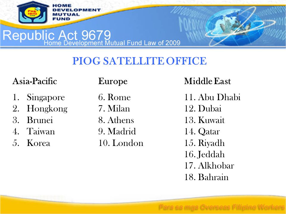 PIOG SATELLITE OFFICE Asia-PacificEurope Middle East 1.Singapore6.