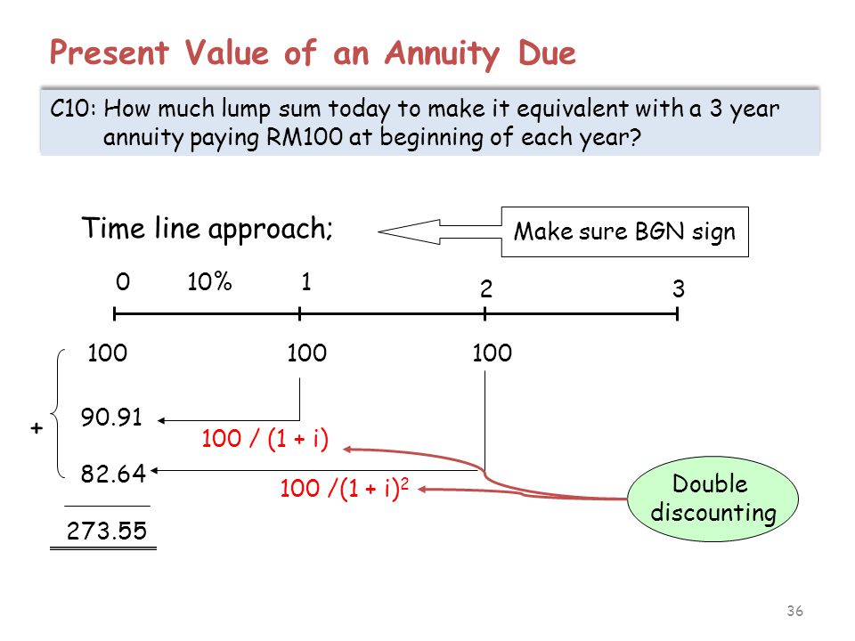 36 Present Value of an Annuity Due C10: How much lump sum today to make it equivalent with a 3 year annuity paying RM100 at beginning of each year.