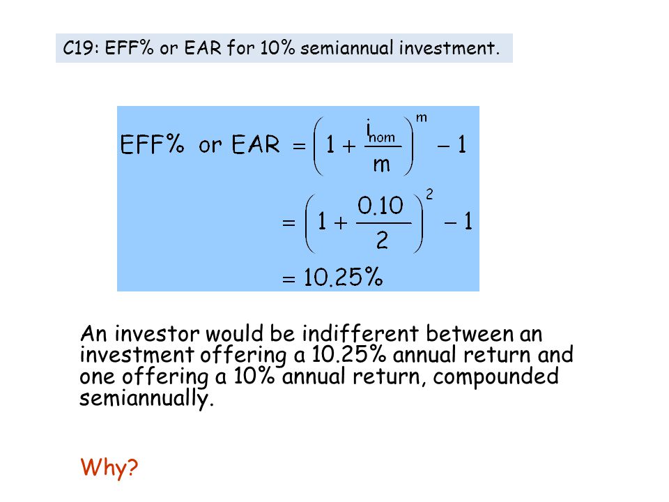 An investor would be indifferent between an investment offering a 10.25% annual return and one offering a 10% annual return, compounded semiannually.