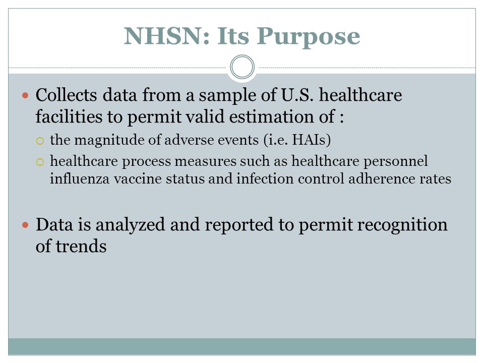 NHSN: Its Purpose Collects data from a sample of U.S.