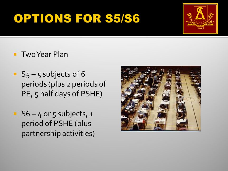  Two Year Plan  S5 – 5 subjects of 6 periods (plus 2 periods of PE, 5 half days of PSHE)  S6 – 4 or 5 subjects, 1 period of PSHE (plus partnership activities)