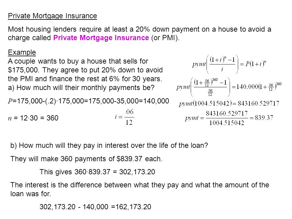 Private Mortgage Insurance Most housing lenders require at least a 20% down payment on a house to avoid a charge called Private Mortgage Insurance (or PMI).