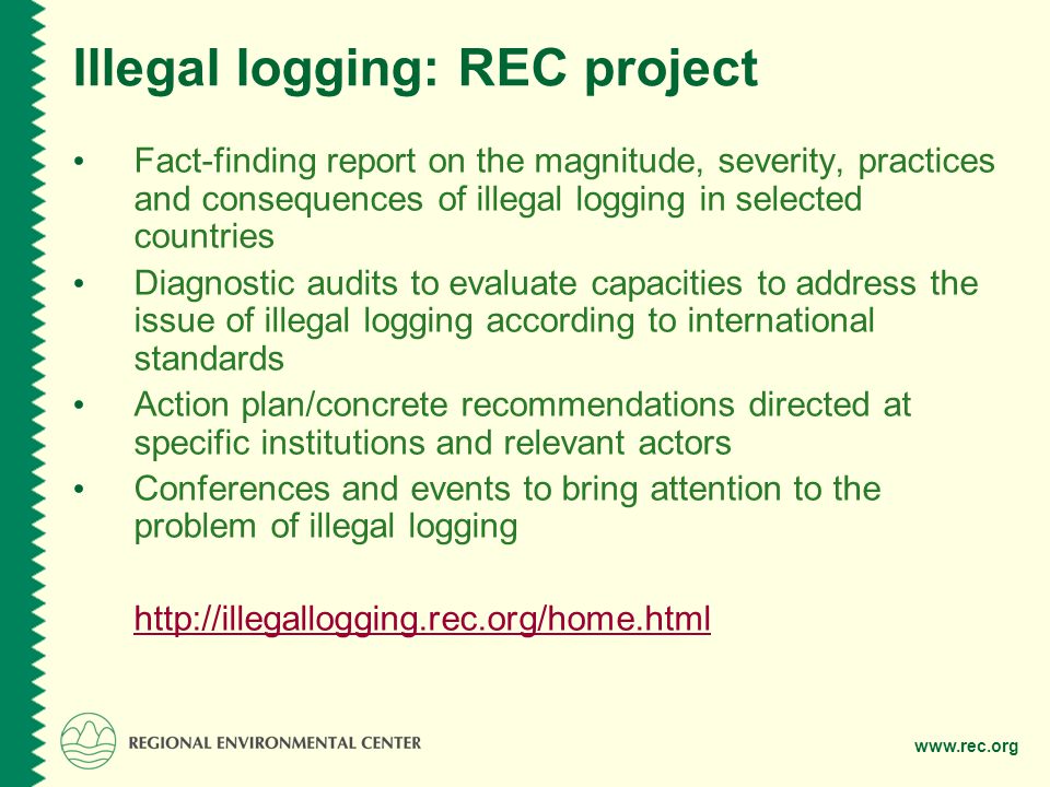 Illegal logging: REC project Fact-finding report on the magnitude, severity, practices and consequences of illegal logging in selected countries Diagnostic audits to evaluate capacities to address the issue of illegal logging according to international standards Action plan/concrete recommendations directed at specific institutions and relevant actors Conferences and events to bring attention to the problem of illegal logging