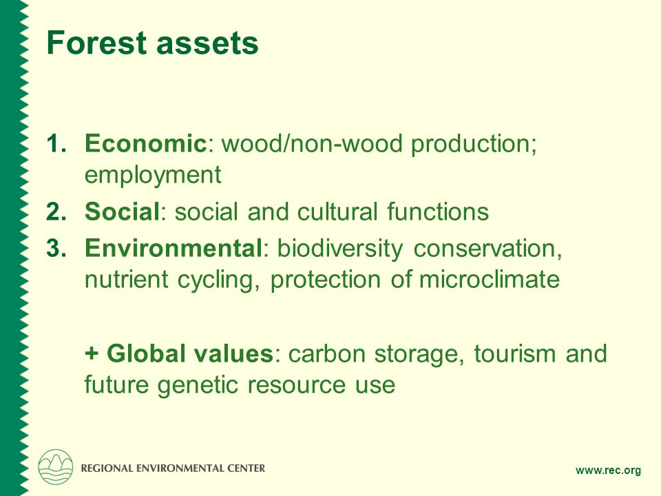 Forest assets 1.Economic: wood/non-wood production; employment 2.Social: social and cultural functions 3.Environmental: biodiversity conservation, nutrient cycling, protection of microclimate + Global values: carbon storage, tourism and future genetic resource use