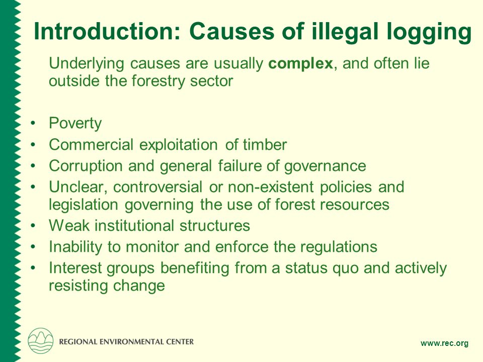 Introduction: Causes of illegal logging Underlying causes are usually complex, and often lie outside the forestry sector Poverty Commercial exploitation of timber Corruption and general failure of governance Unclear, controversial or non-existent policies and legislation governing the use of forest resources Weak institutional structures Inability to monitor and enforce the regulations Interest groups benefiting from a status quo and actively resisting change