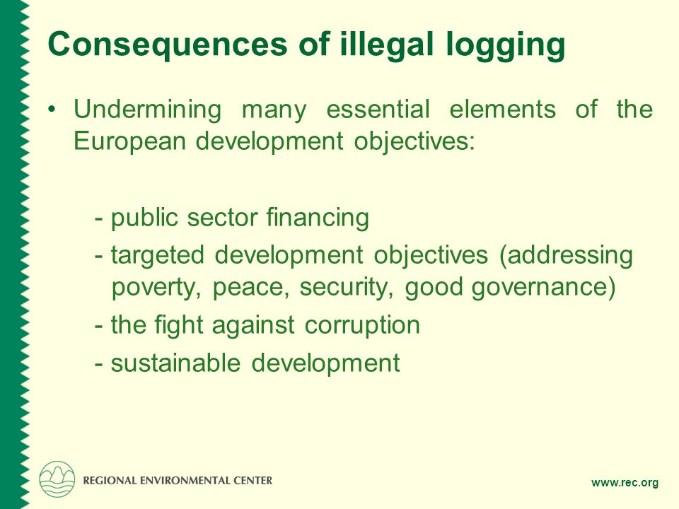 Consequences of illegal logging Undermining many essential elements of the European development objectives: - public sector financing - targeted development objectives (addressing poverty, peace, security, good governance) - the fight against corruption - sustainable development