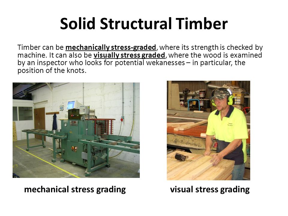 Solid Structural Timber Timber can be mechanically stress-graded, where its strength is checked by machine.
