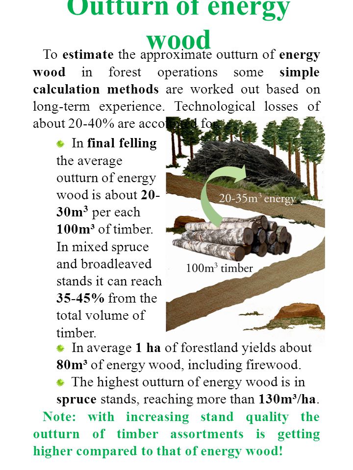 Outturn of energy wood To estimate the approximate outturn of energy wood in forest operations some simple calculation methods are worked out based on long-term experience.