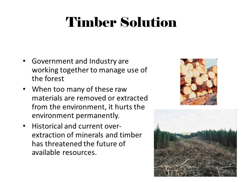 Timber Solution Government and Industry are working together to manage use of the forest When too many of these raw materials are removed or extracted from the environment, it hurts the environment permanently.