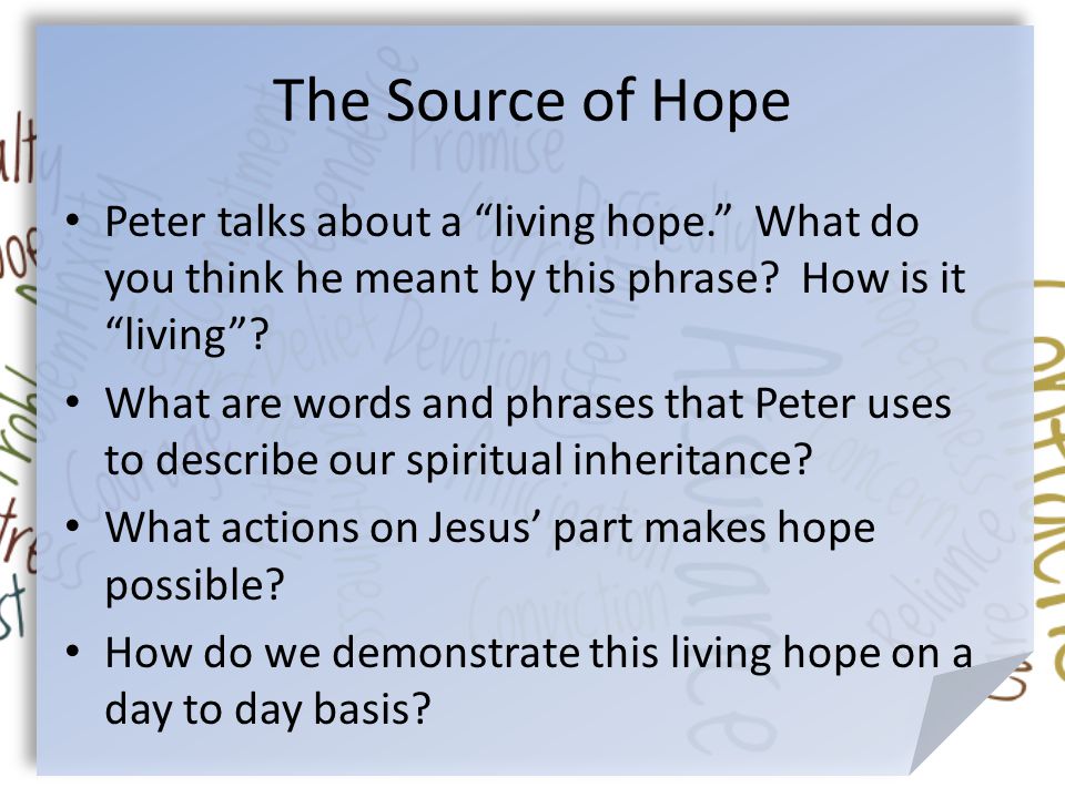 The Source of Hope Peter talks about a living hope. What do you think he meant by this phrase.