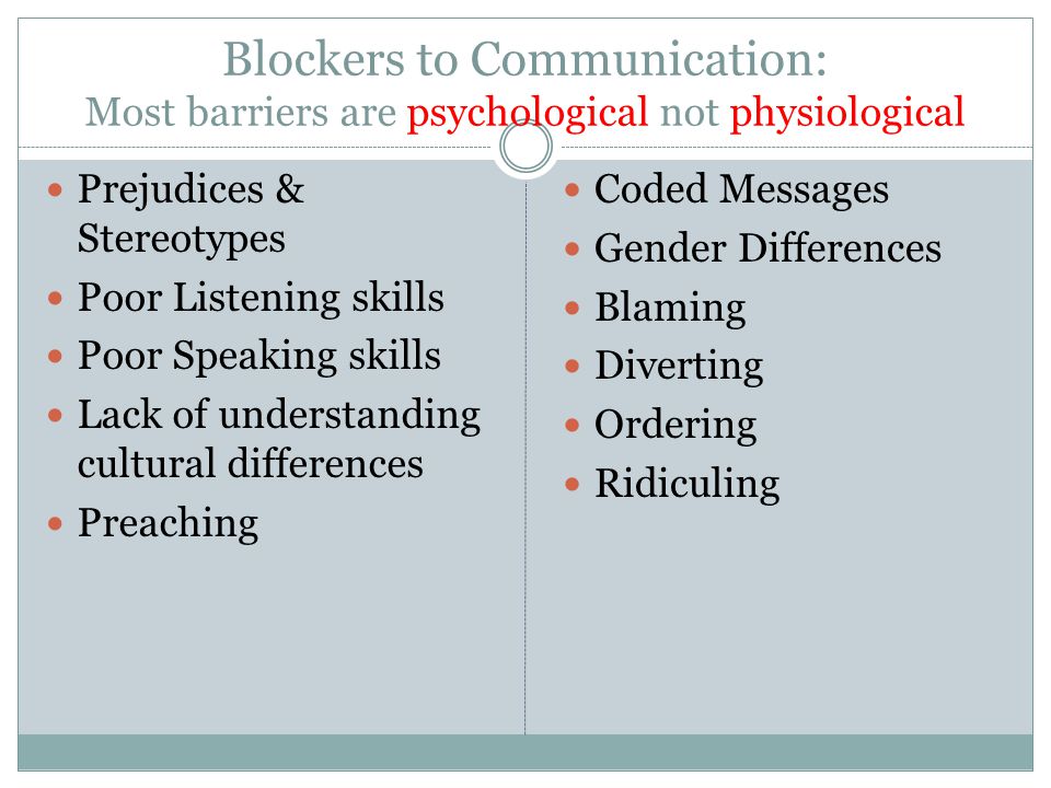 Blockers to Communication: Most barriers are psychological not physiological Prejudices & Stereotypes Poor Listening skills Poor Speaking skills Lack of understanding cultural differences Preaching Coded Messages Gender Differences Blaming Diverting Ordering Ridiculing