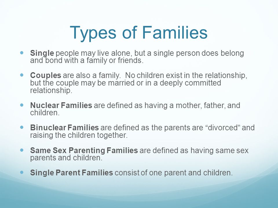 Types of Families Single people may live alone, but a single person does belong and bond with a family or friends.