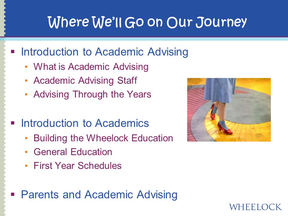 Where We’ll Go on Our Journey  Introduction to Academic Advising What is Academic Advising Academic Advising Staff Advising Through the Years  Introduction to Academics Building the Wheelock Education General Education First Year Schedules  Parents and Academic Advising