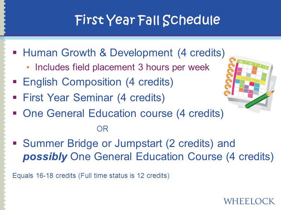  Human Growth & Development (4 credits) Includes field placement 3 hours per week  English Composition (4 credits)  First Year Seminar (4 credits)  One General Education course (4 credits) OR  Summer Bridge or Jumpstart (2 credits) and possibly One General Education Course (4 credits) Equals credits (Full time status is 12 credits) First Year Fall Schedule