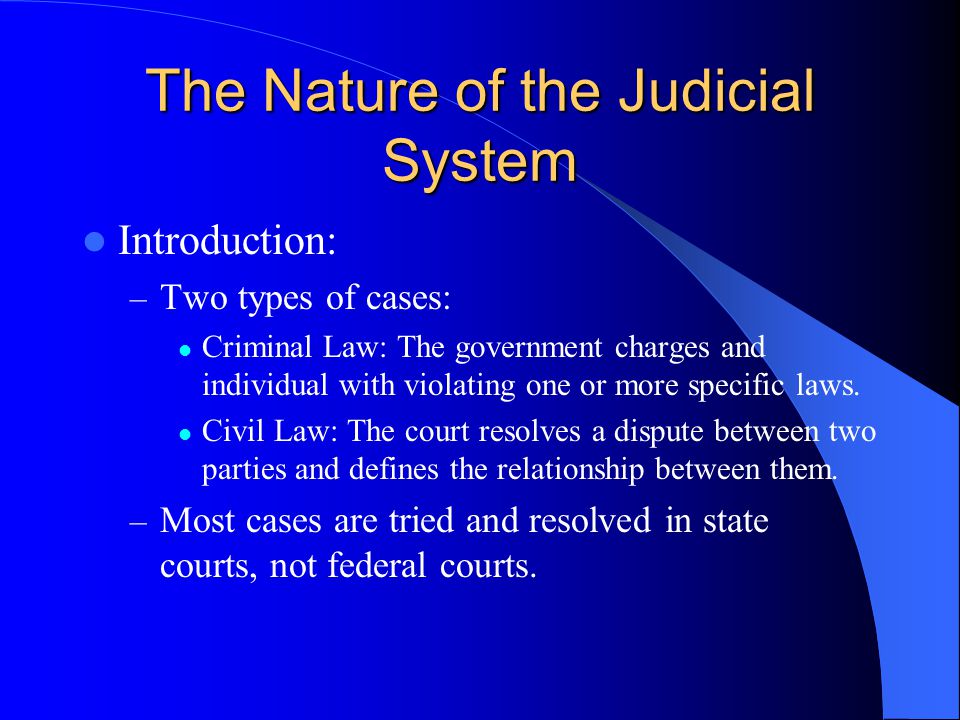 The Nature of the Judicial System Introduction: – Two types of cases: Criminal Law: The government charges and individual with violating one or more specific laws.