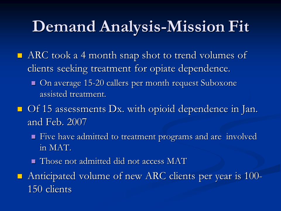Demand Analysis-Mission Fit ARC took a 4 month snap shot to trend volumes of clients seeking treatment for opiate dependence.
