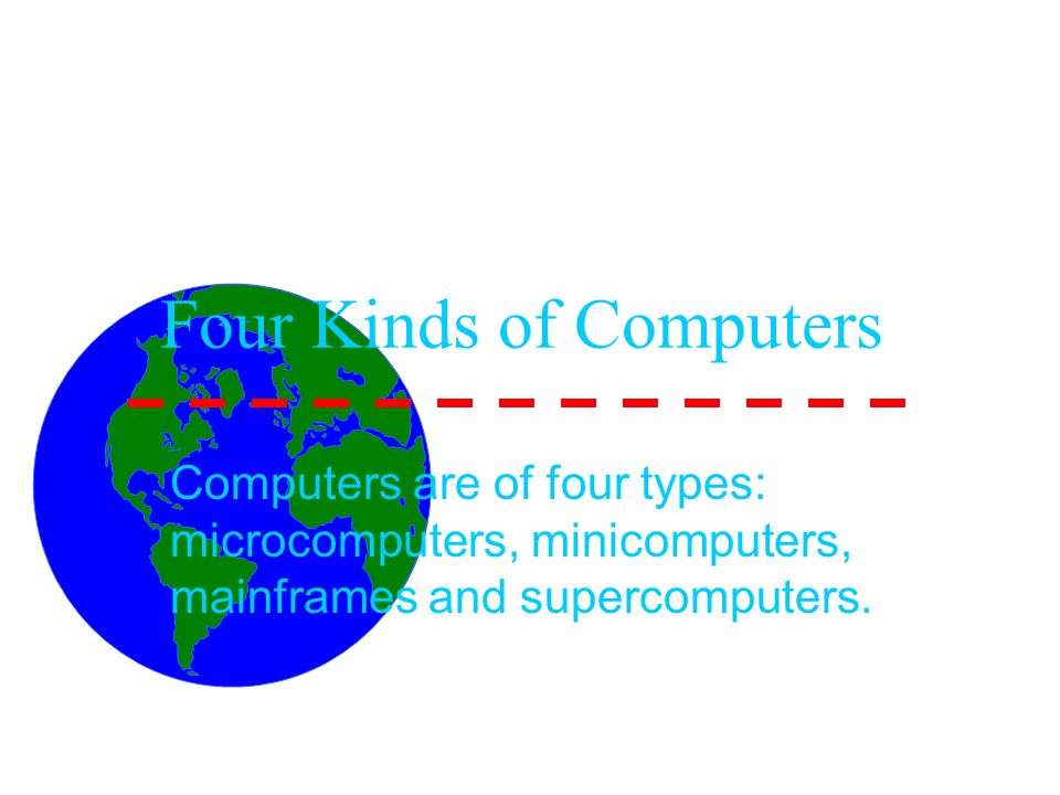 Four Kinds of Computers Computers are of four types: microcomputers, minicomputers, mainframes and supercomputers.