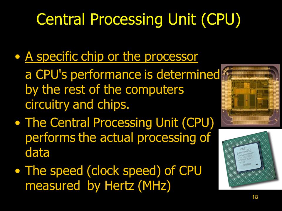 18 Central Processing Unit (CPU) A specific chip or the processor a CPU s performance is determined by the rest of the computers circuitry and chips.