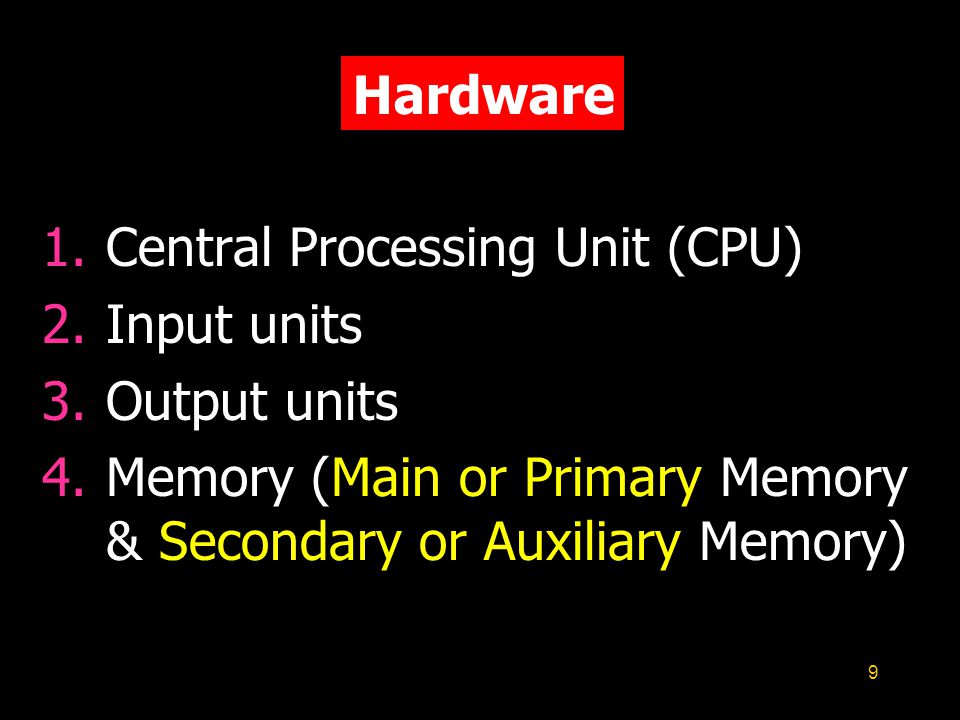 9 Hardware 1.Central Processing Unit (CPU) 2.Input units 3.Output units 4.Memory (Main or Primary Memory & Secondary or Auxiliary Memory)