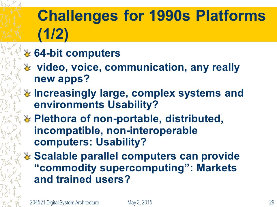 May 3, Digital System Architecture29 Challenges for 1990s Platforms (1/2) 64-bit computers video, voice, communication, any really new apps.