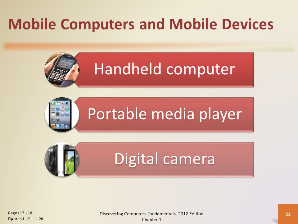 Mobile Computers and Mobile Devices Handheld computer Portable media player Digital camera Discovering Computers Fundamentals, 2012 Edition Chapter 1 22 Pages Figures 1-19 – 1-20