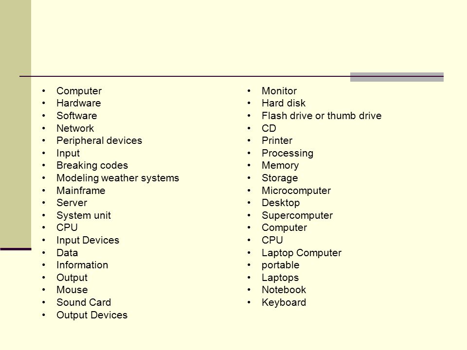 Computer Hardware Software Network Peripheral devices Input Breaking codes Modeling weather systems Mainframe Server System unit CPU Input Devices Data Information Output Mouse Sound Card Output Devices Monitor Hard disk Flash drive or thumb drive CD Printer Processing Memory Storage Microcomputer Desktop Supercomputer Computer CPU Laptop Computer portable Laptops Notebook Keyboard
