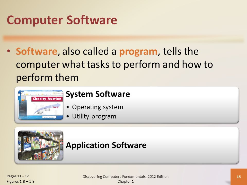 Computer Software Software, also called a program, tells the computer what tasks to perform and how to perform them Discovering Computers Fundamentals, 2012 Edition Chapter 1 15 Pages Figures 1-8 – 1-9 System Software Operating system Utility program Application Software