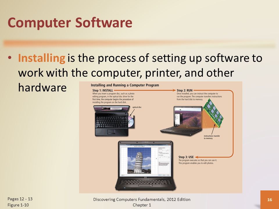 Computer Software Installing is the process of setting up software to work with the computer, printer, and other hardware Discovering Computers Fundamentals, 2012 Edition Chapter 1 16 Pages Figure 1-10