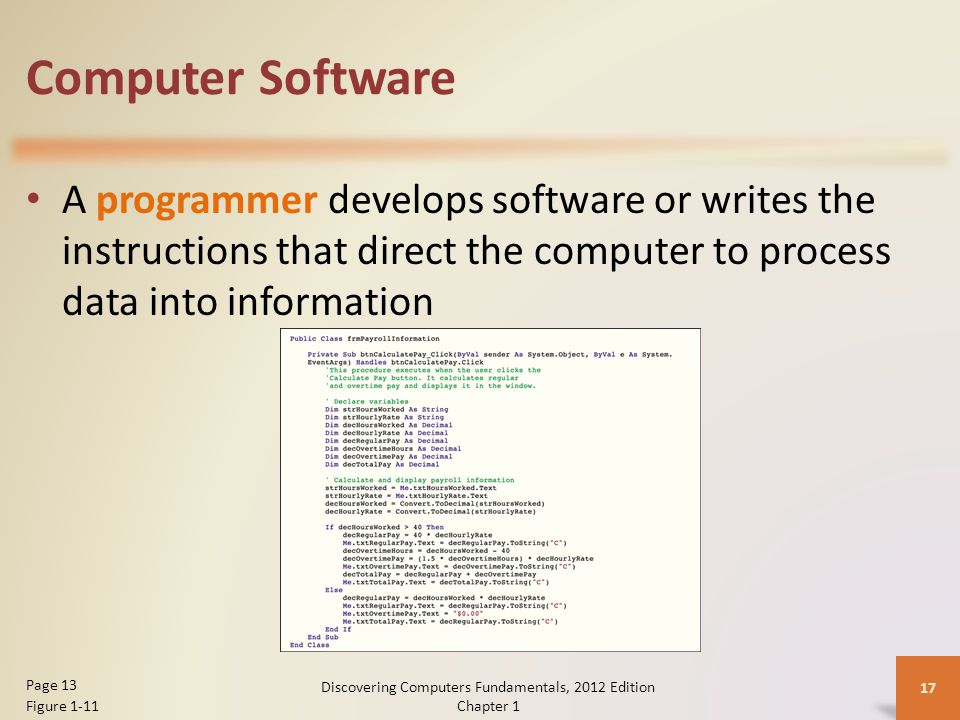 Computer Software A programmer develops software or writes the instructions that direct the computer to process data into information Discovering Computers Fundamentals, 2012 Edition Chapter 1 17 Page 13 Figure 1-11