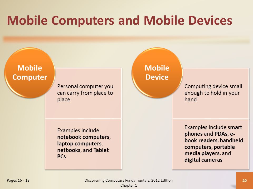 Mobile Computers and Mobile Devices Personal computer you can carry from place to place Examples include notebook computers, laptop computers, netbooks, and Tablet PCs Mobile Computer Computing device small enough to hold in your hand Examples include smart phones and PDAs, e- book readers, handheld computers, portable media players, and digital cameras Mobile Device Discovering Computers Fundamentals, 2012 Edition Chapter 1 20 Pages